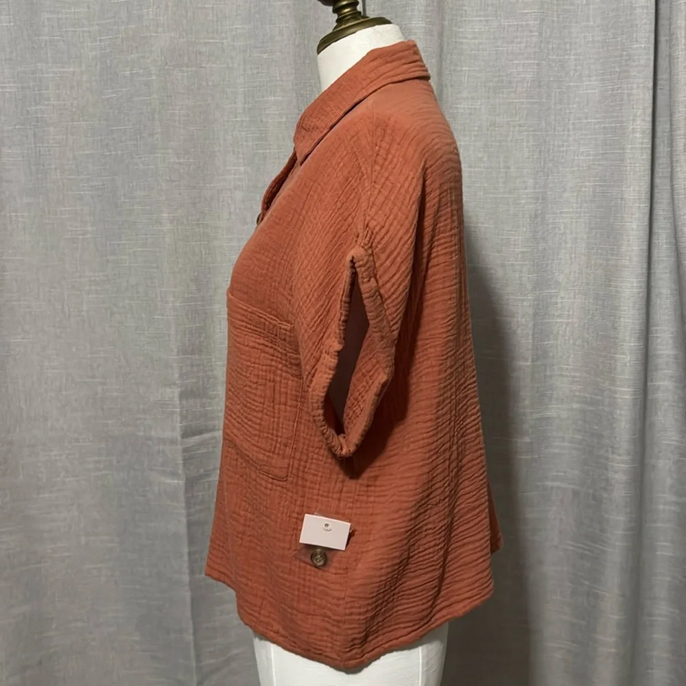 NWT SO brand Cotton Button Front Shirt-Sz M-Relaxed Boxy Fit-Rusty Orange Color - Picture 7 of 14